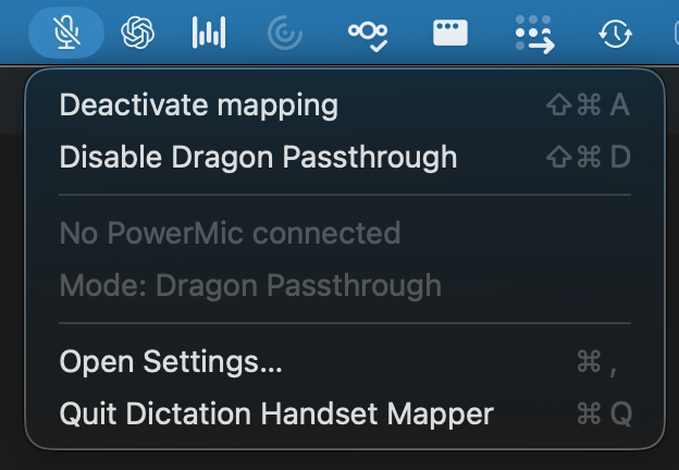 Menu-bar dropdown showing the connected device and the Mapping toggle