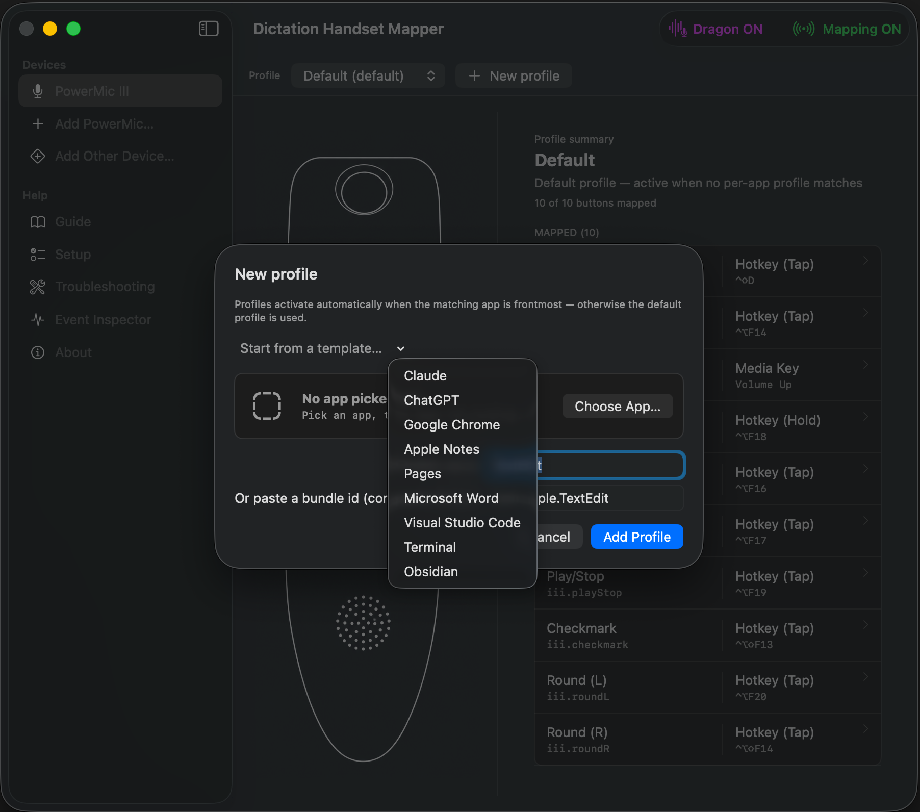 New profile sheet with the Start-from-a-template menu open